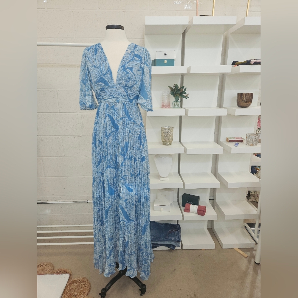 Pleated Maxi Dress With Flutter Sleeve
